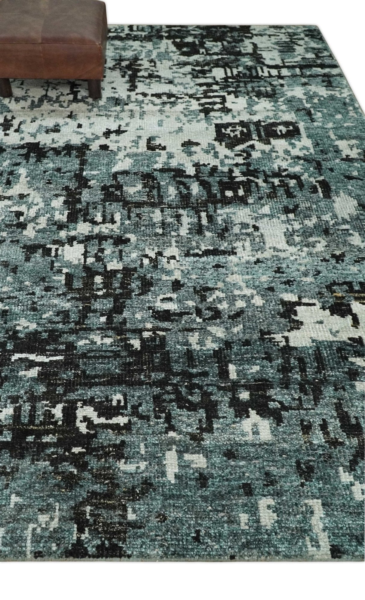 Hand Knotted 5x8 Ivory, Teal and Black Modern Abstract Recycled Silk Area Rug