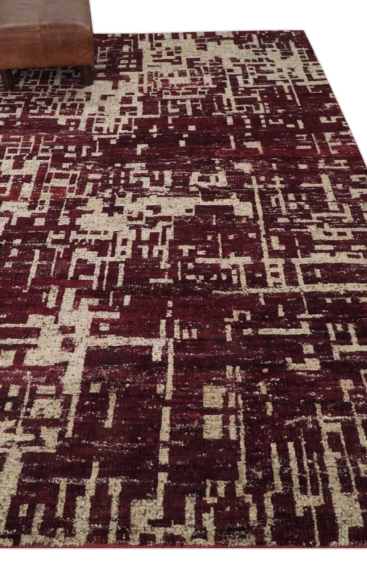 Hand Knotted 5x8 Maroon and Beige Modern Abstract Contemporary Recycled Silk Area Rug