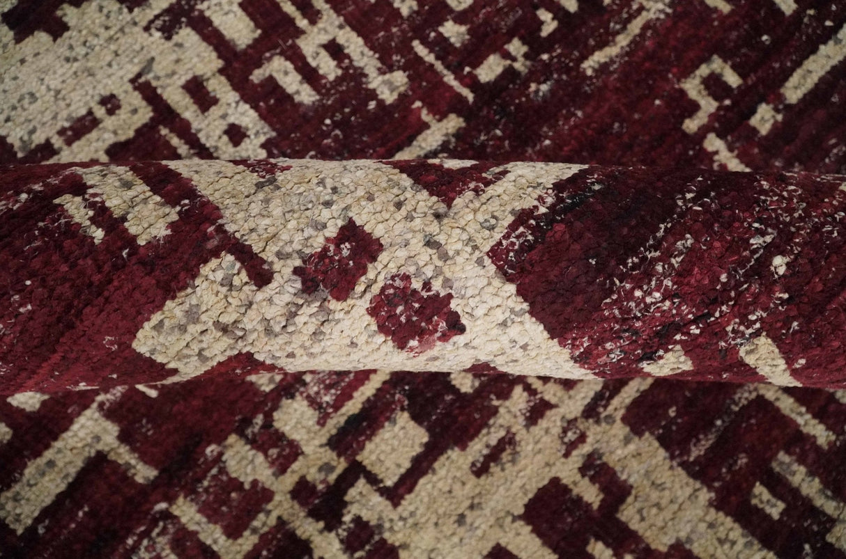 Hand Knotted 5x8 Maroon and Beige Modern Abstract Contemporary Recycled Silk Area Rug