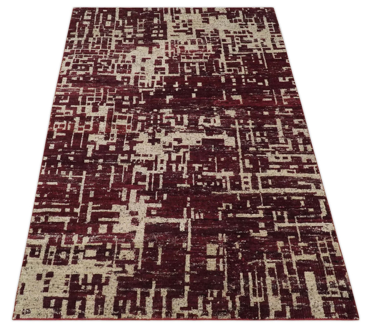 Hand Knotted 5x8 Maroon and Beige Modern Abstract Contemporary Recycled Silk Area Rug