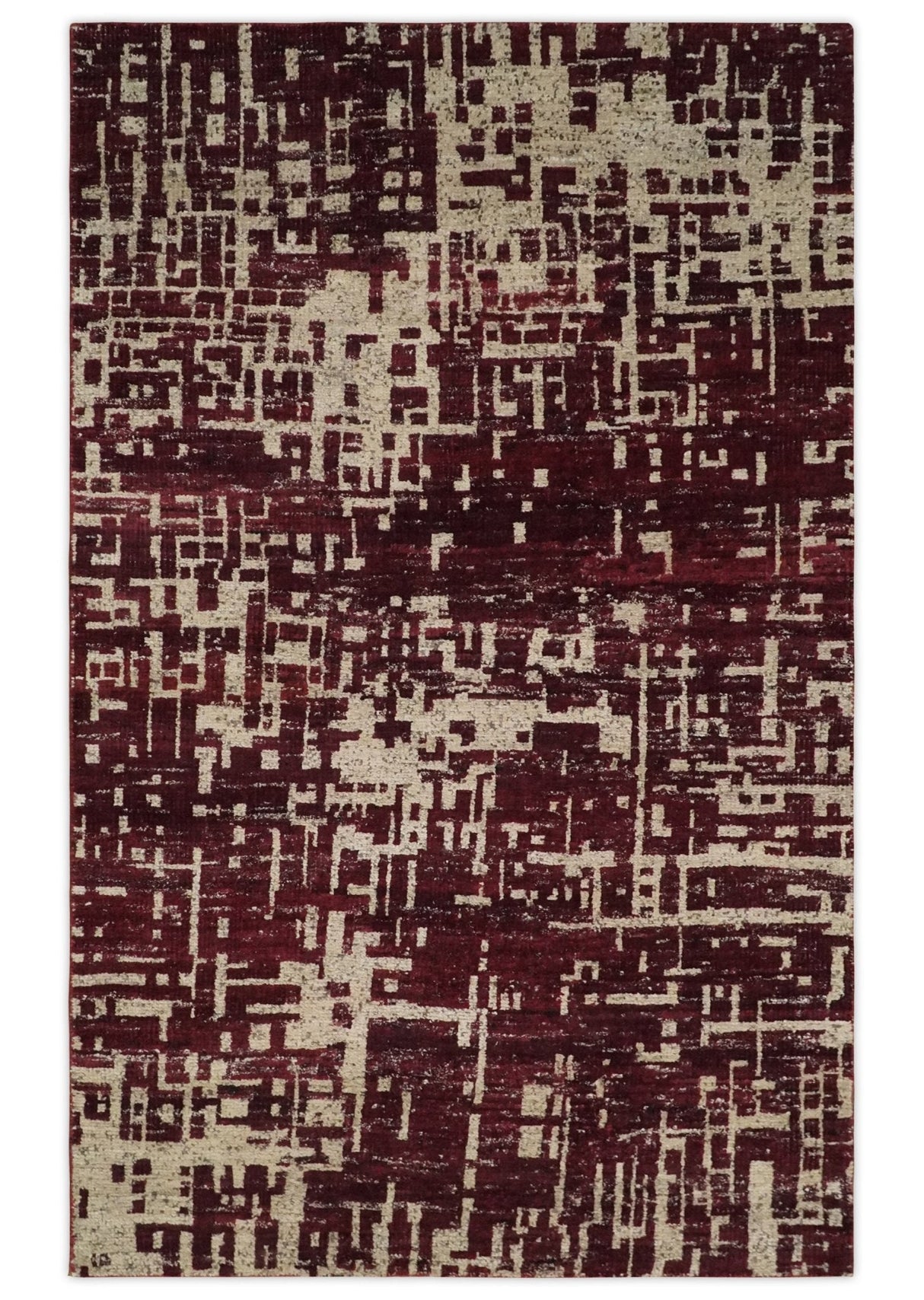 Hand Knotted 5x8 Maroon and Beige Modern Abstract Contemporary Recycled Silk Area Rug