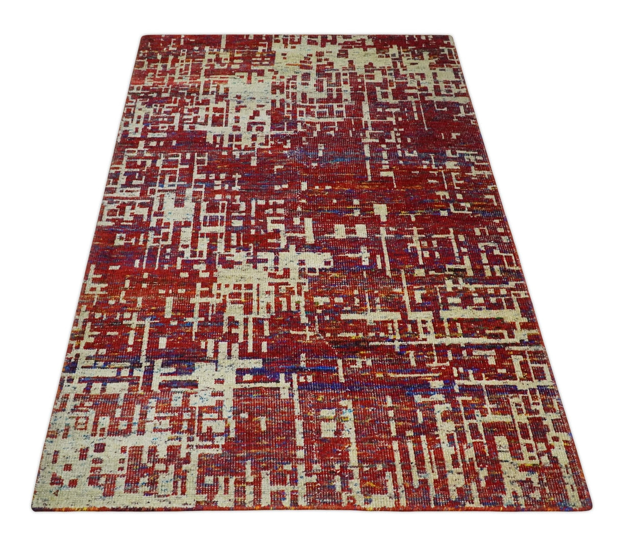 Hand Knotted 5x8 Rust and Blue Modern Abstract Recycled Silk Area Rug