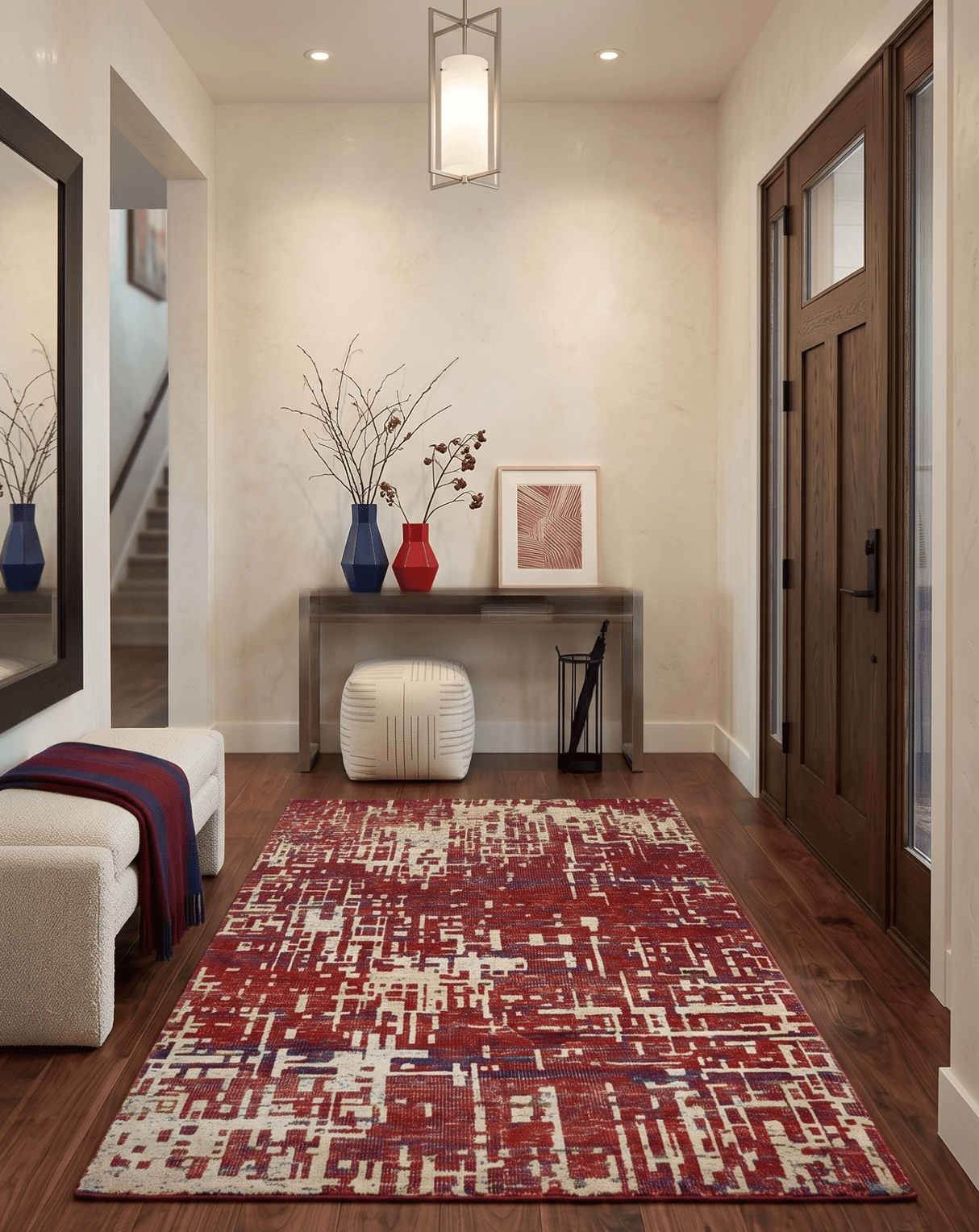 Hand Knotted 5x8 Rust and Blue Modern Abstract Recycled Silk Area Rug