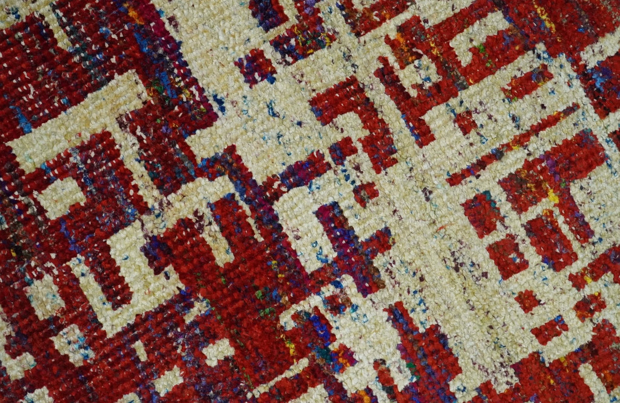 Hand Knotted 5x8 Rust and Blue Modern Abstract Recycled Silk Area Rug