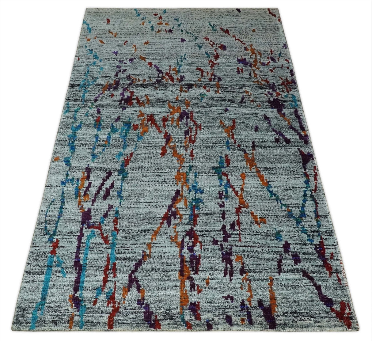 Hand Knotted 5x8 Silver, Red and Gold Modern Abstract Recycled Silk Area Rug