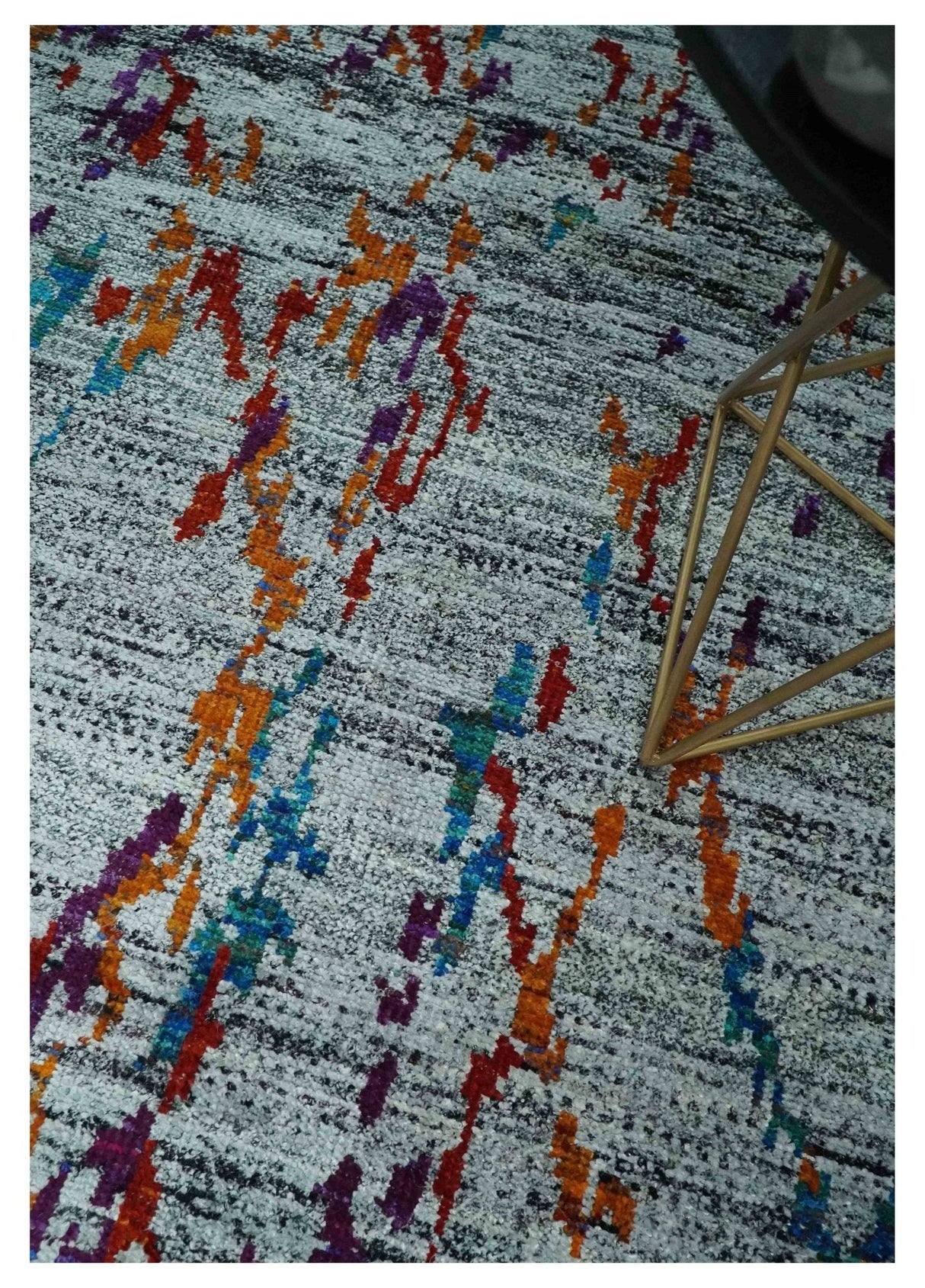 Hand Knotted 5x8 Silver, Red and Gold Modern Abstract Recycled Silk Area Rug