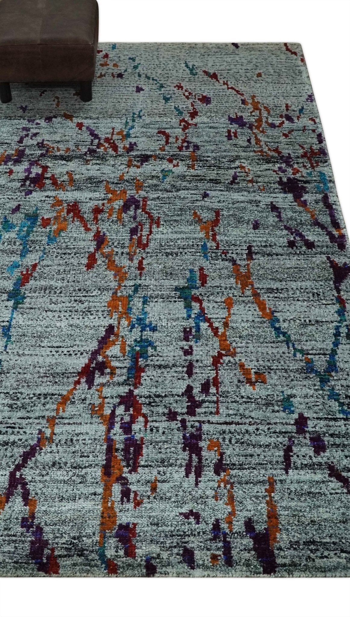 Hand Knotted 5x8 Silver, Red and Gold Modern Abstract Recycled Silk Area Rug