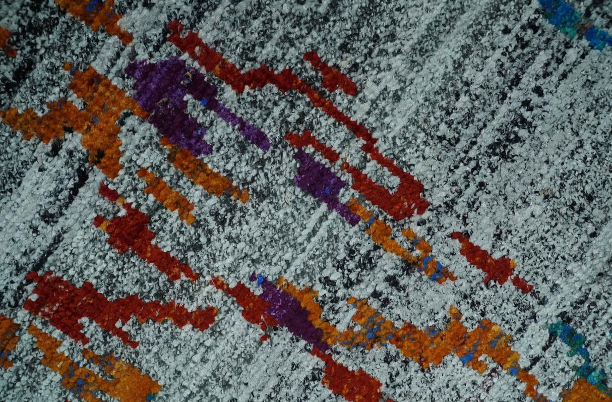 Hand Knotted 5x8 Silver, Red and Gold Modern Abstract Recycled Silk Area Rug