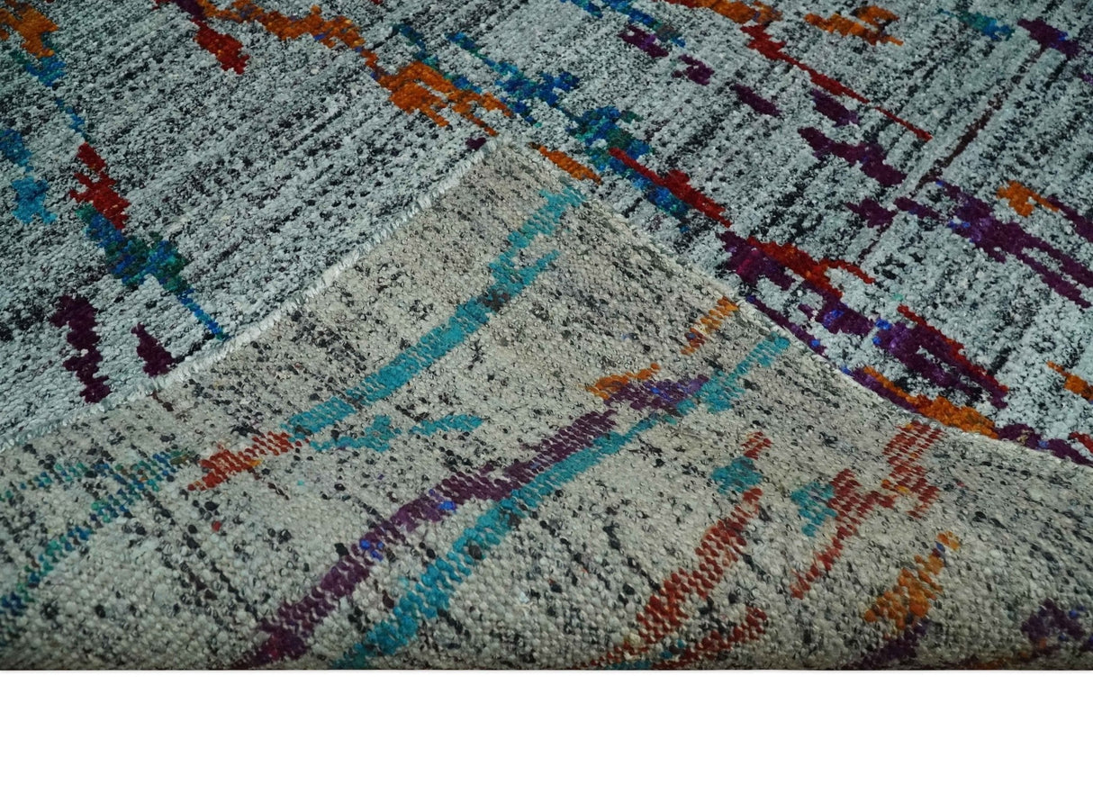 Hand Knotted 5x8 Silver, Red and Gold Modern Abstract Recycled Silk Area Rug