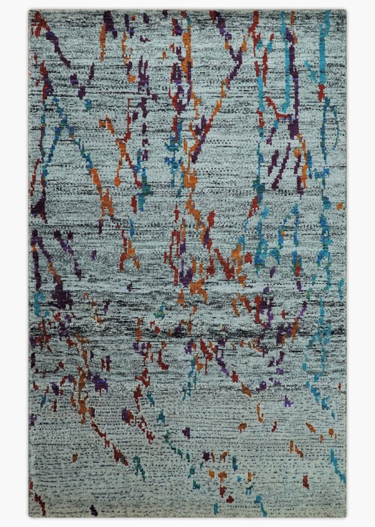 Hand Knotted 5x8 Silver, Red and Gold Modern Abstract Recycled Silk Area Rug