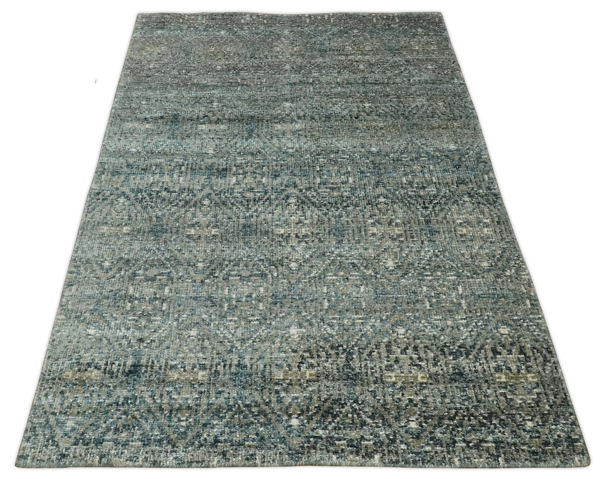 Hand Knotted 5x8 Teal and Ivory Contemporary Bamboo Silk Area Rug