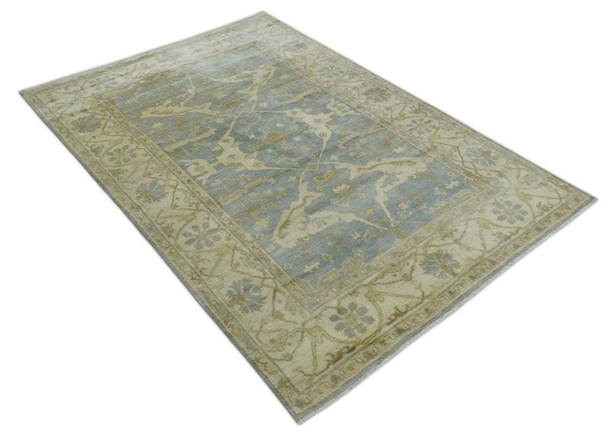 Hand Knotted 6x9 Oriental Oushak Silver and Beige Turkish Style Wool Area Rug