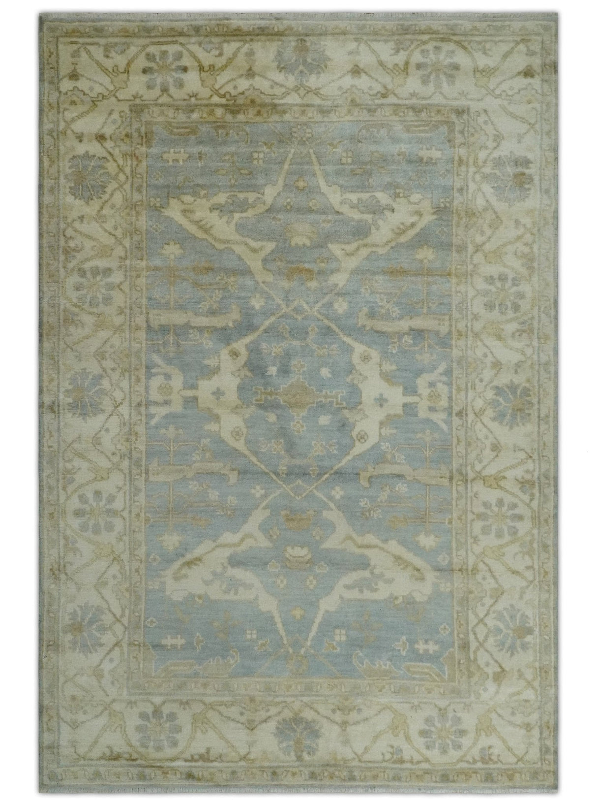 Hand Knotted 6x9 Oriental Oushak Silver and Beige Turkish Style Wool Area Rug