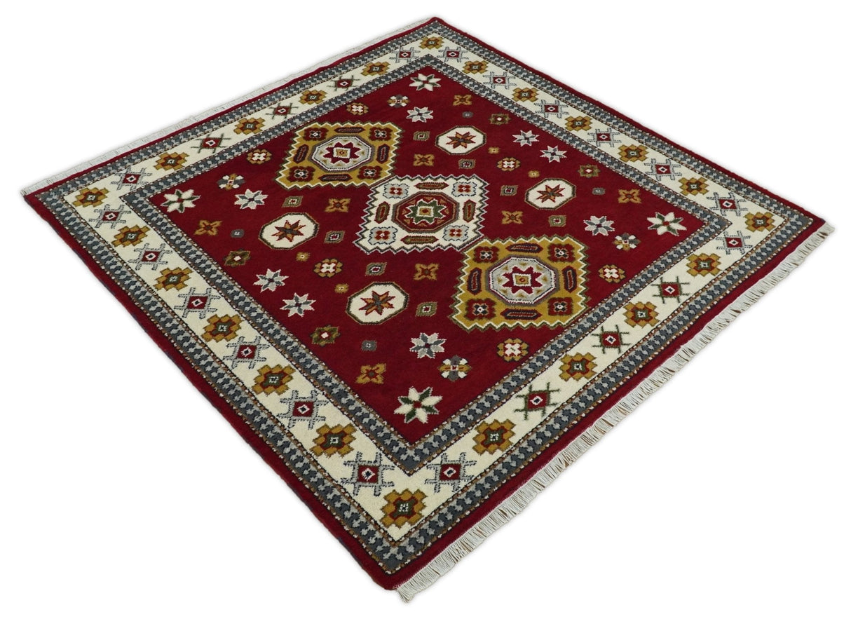 Hand Knotted 7x7 Traditional Kazak Maroon and Ivory Wool Area Rug