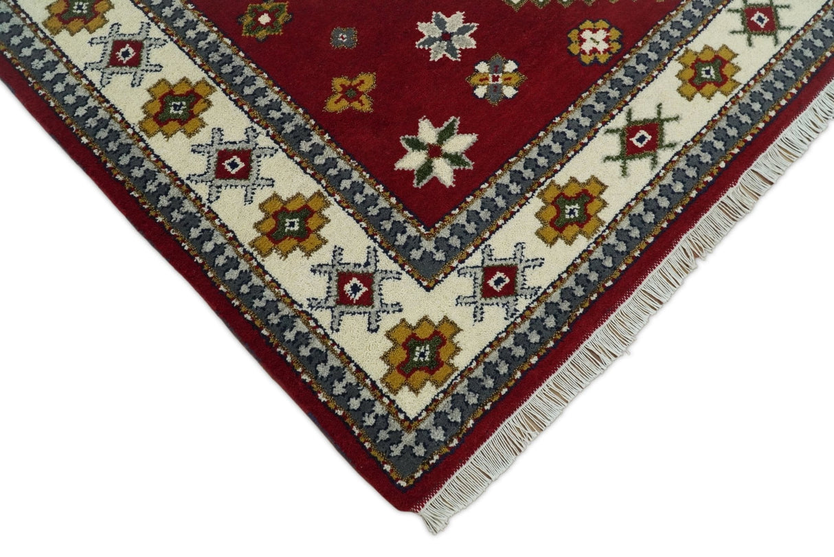 Hand Knotted 7x7 Traditional Kazak Maroon and Ivory Wool Area Rug