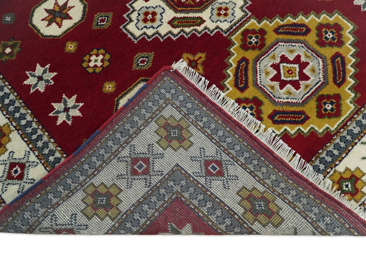 Hand Knotted 7x7 Traditional Kazak Maroon and Ivory Wool Area Rug