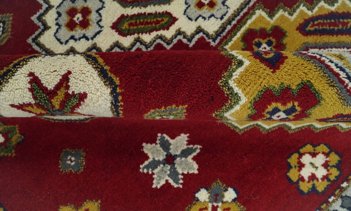 Hand Knotted 7x7 Traditional Kazak Maroon and Ivory Wool Area Rug