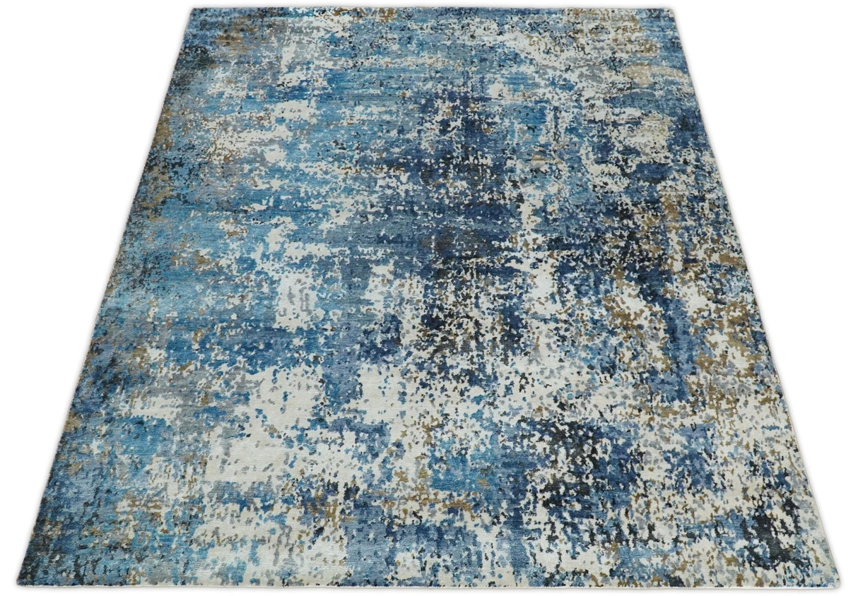 Hand Knotted 8x10 Blue and Ivory Modern Abstract Bamboo Silk Area Rug