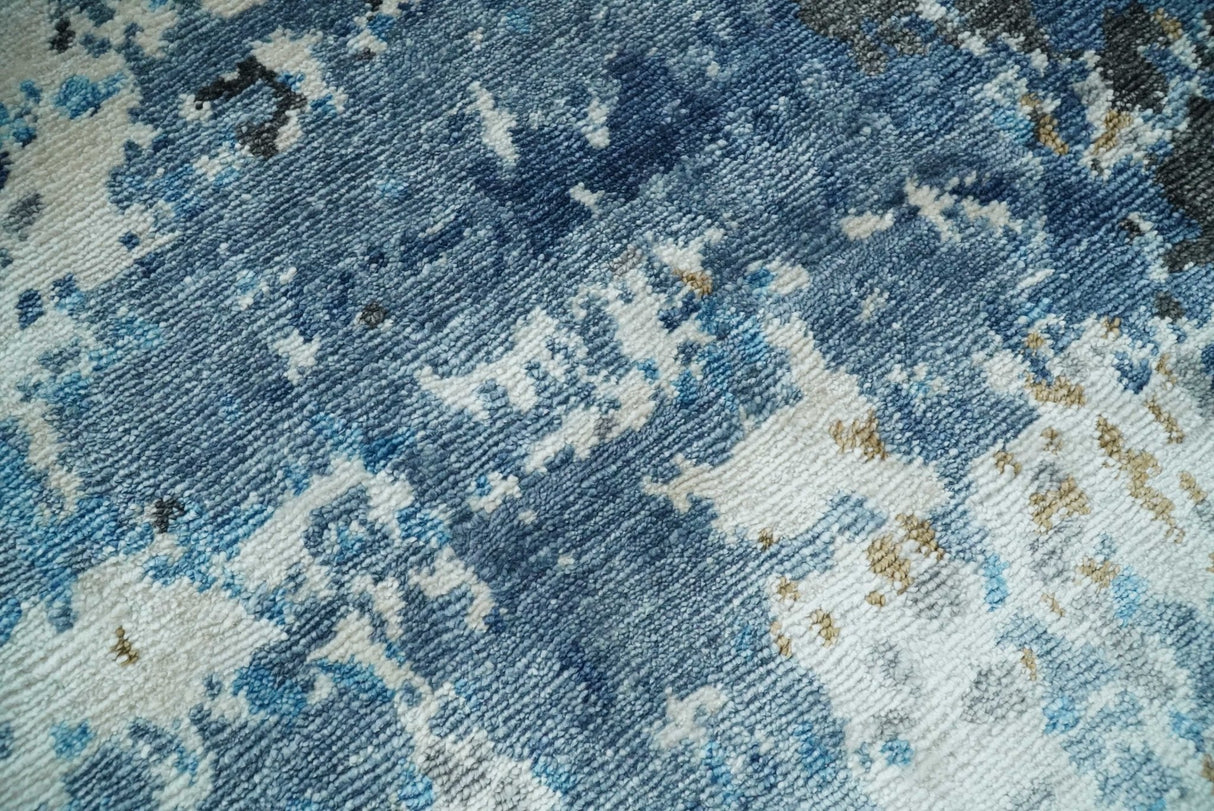 Hand Knotted 8x10 Blue and Ivory Modern Abstract Bamboo Silk Area Rug