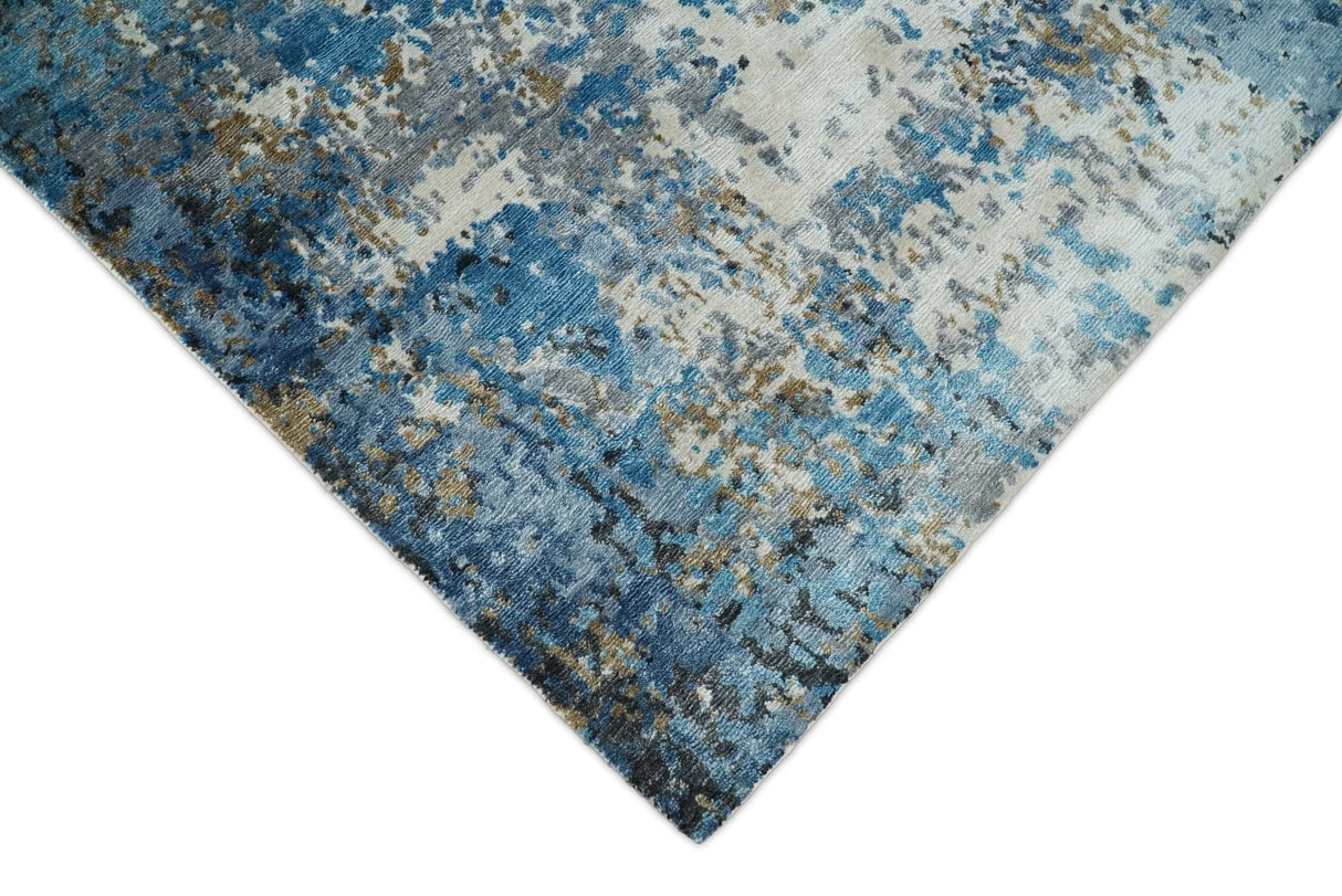 Hand Knotted 8x10 Blue and Ivory Modern Abstract Bamboo Silk Area Rug