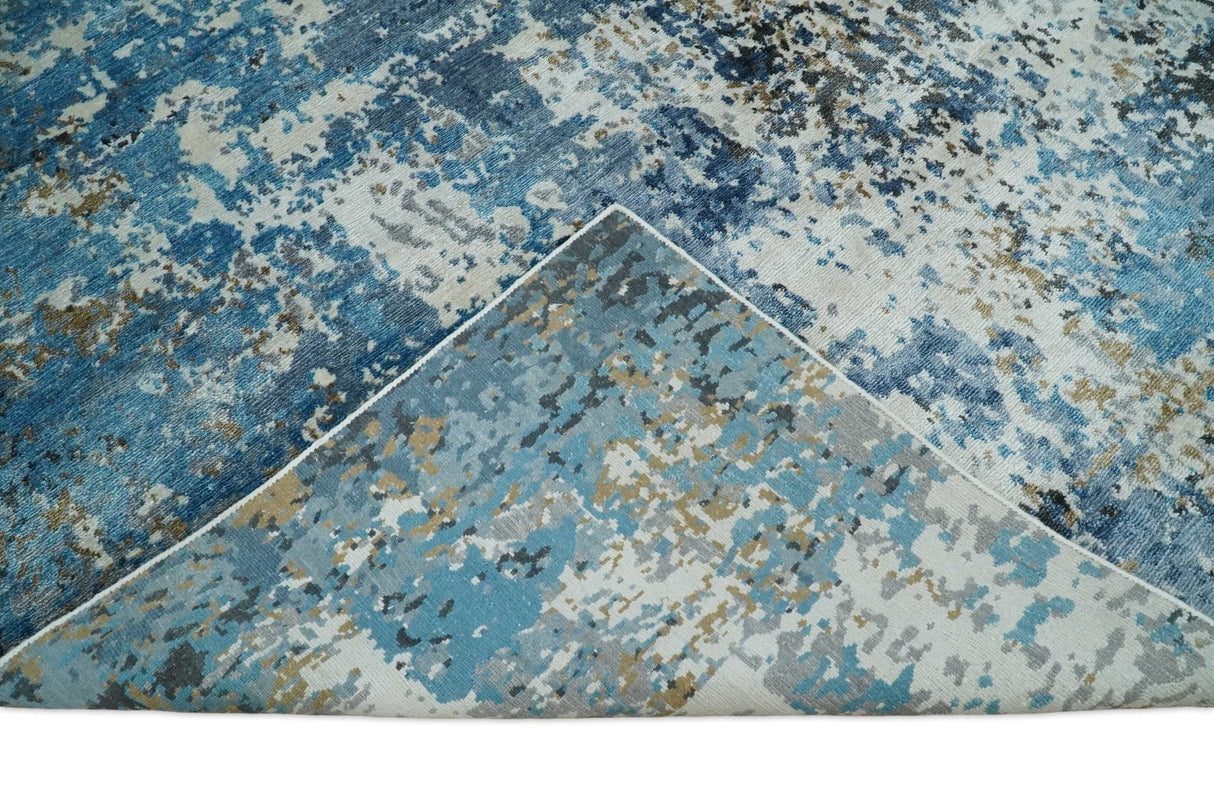 Hand Knotted 8x10 Blue and Ivory Modern Abstract Bamboo Silk Area Rug