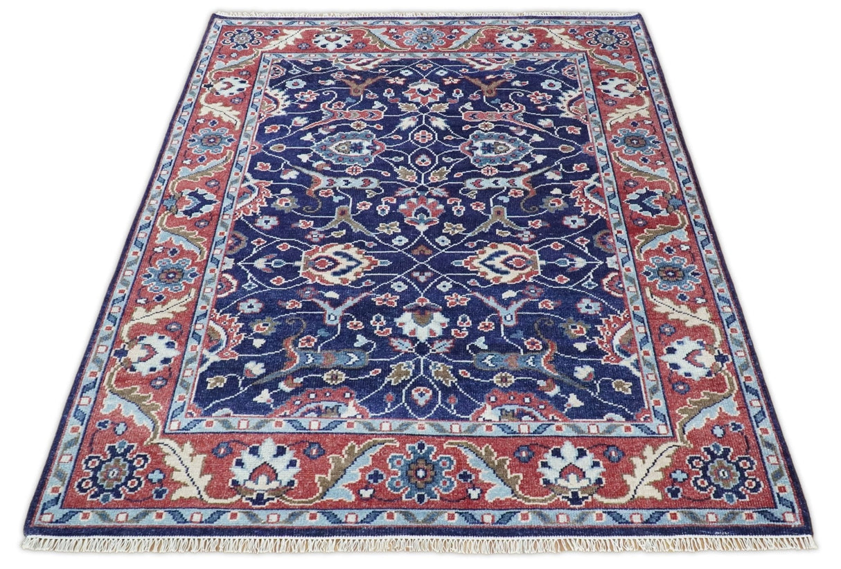 Hand Knotted 8x10 Blue and Rust Traditional Persian Oushak Area Rug