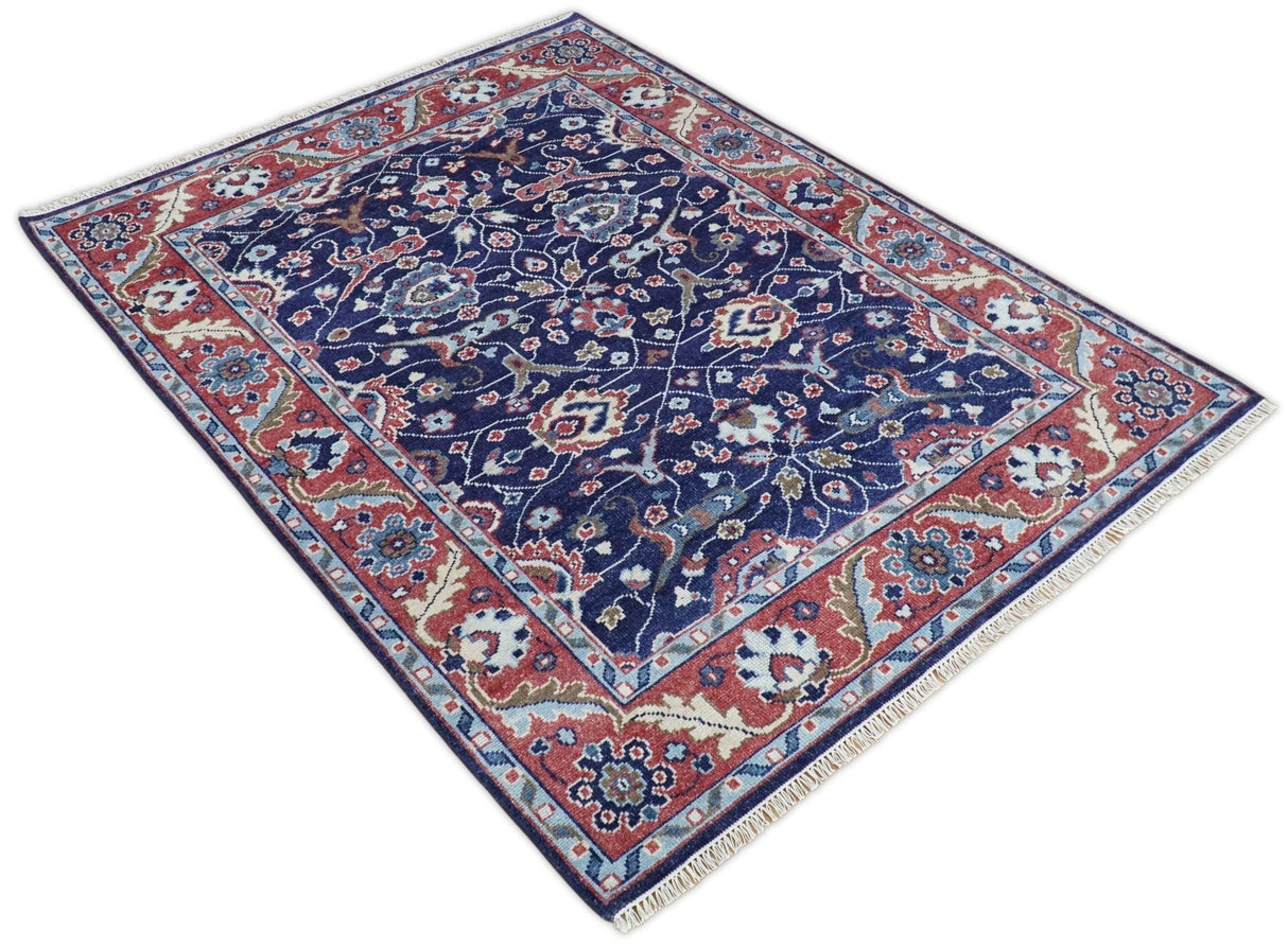 Hand Knotted 8x10 Blue and Rust Traditional Persian Oushak Area Rug
