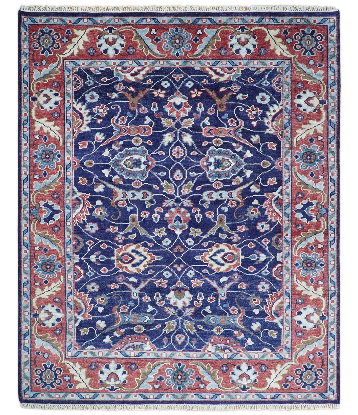 Hand Knotted 8x10 Blue and Rust Traditional Persian Oushak Area Rug