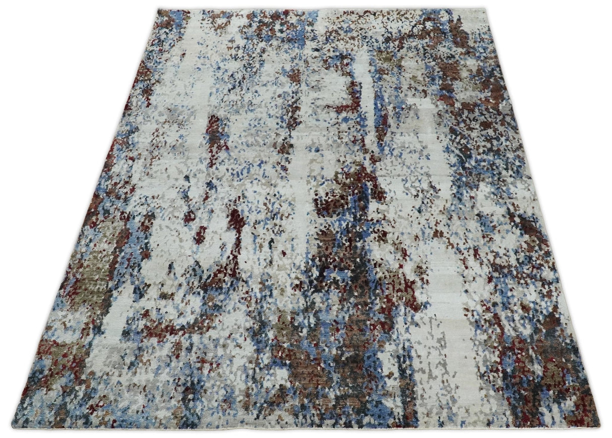 Hand Knotted 8x10 Ivory And Brown Modern Abstract bamboo Silk Area Rug