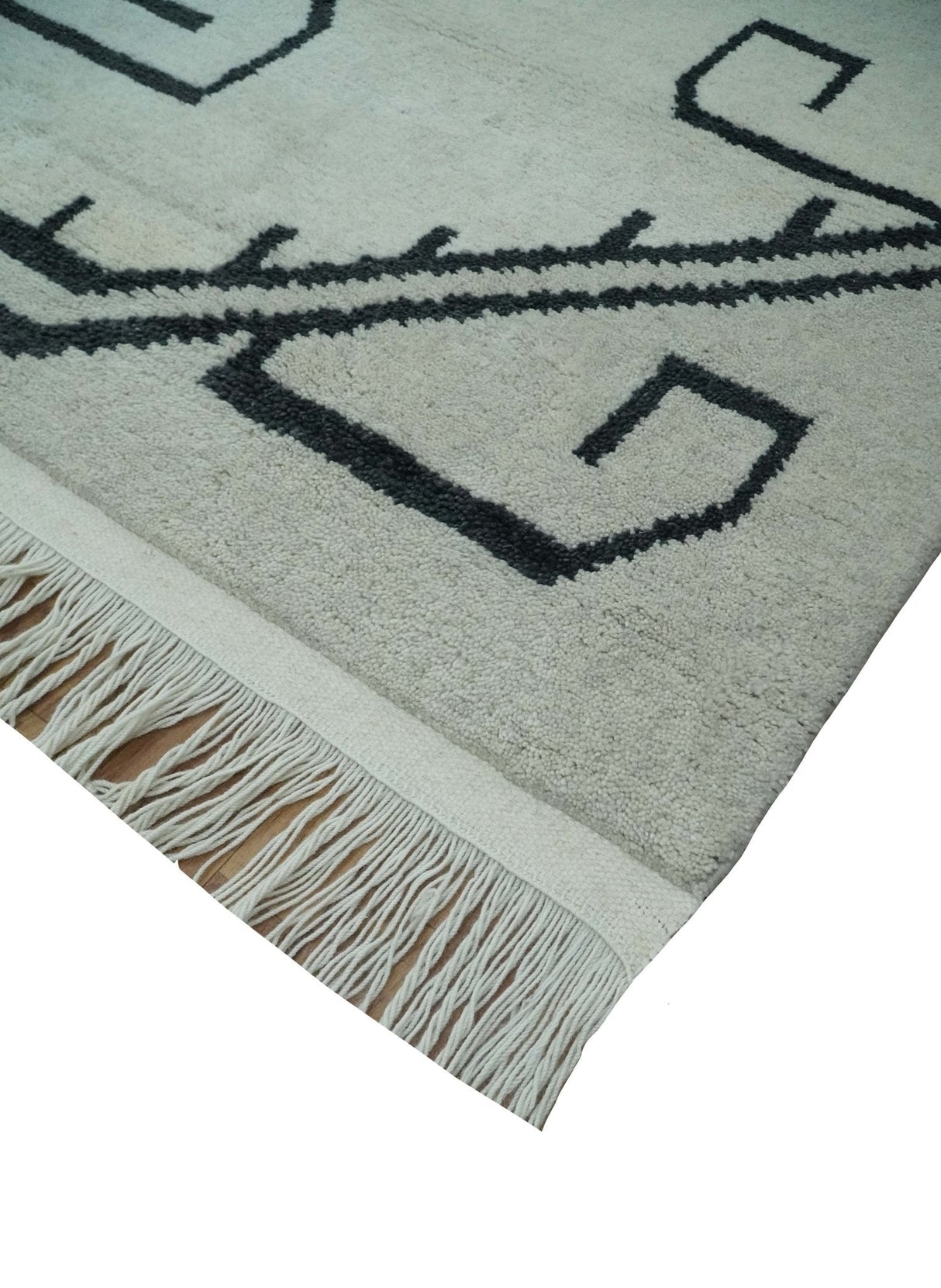 Hand Knotted 8x10 Ivory and Charcoal Wool Traditional Tribal Art Antique South Western Rug | TRDCP1292810-Area Rug-Parc Decor