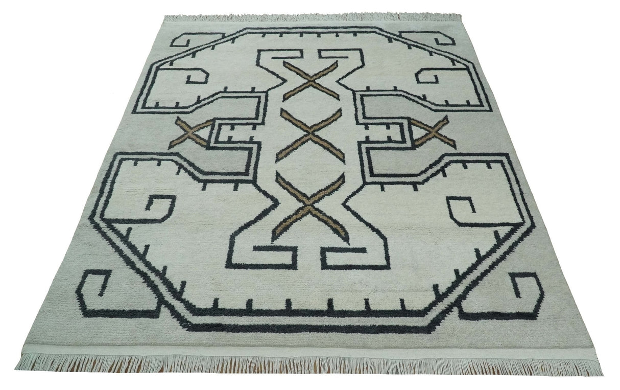 Hand Knotted 8x10 Ivory and Charcoal Wool Traditional Tribal Art Antique South Western Rug | TRDCP1292810-Area Rug-Parc Decor