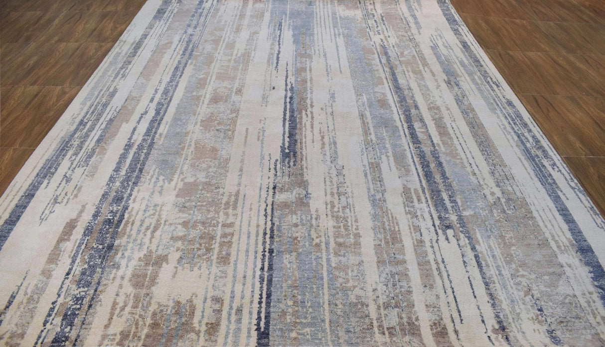 Hand Knotted 8x10 Modern Abstract Blue And Beige Bamboo Silk Area Rug