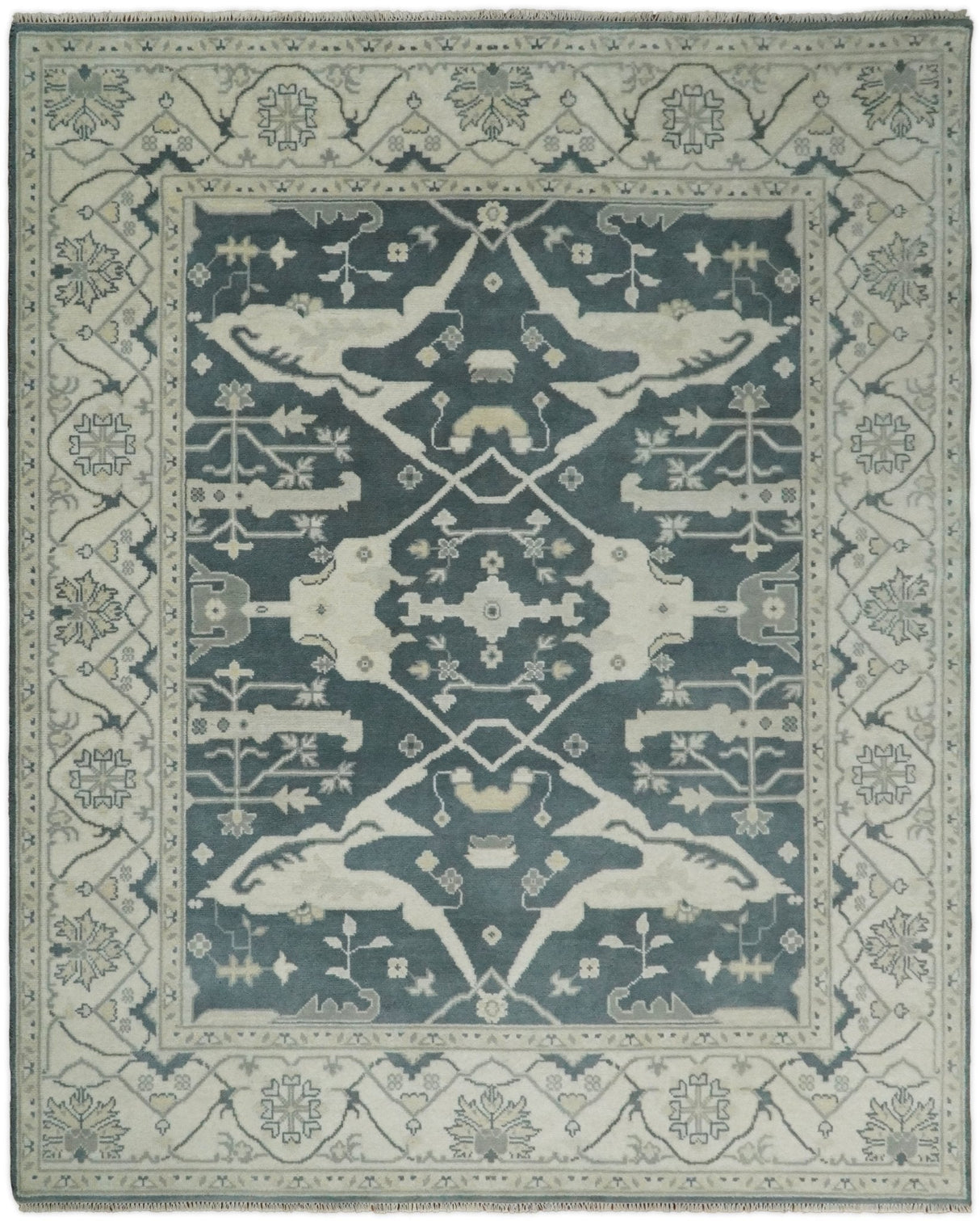 Hand Knotted 8x10 Oriental Oushak Teal and Beige Wool Area Rug