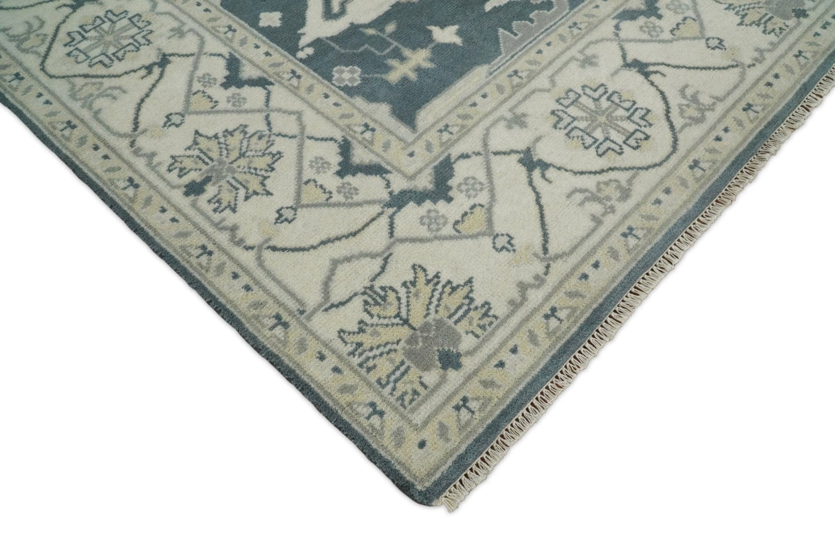 Hand Knotted 8x10 Oriental Oushak Teal and Beige Wool Area Rug