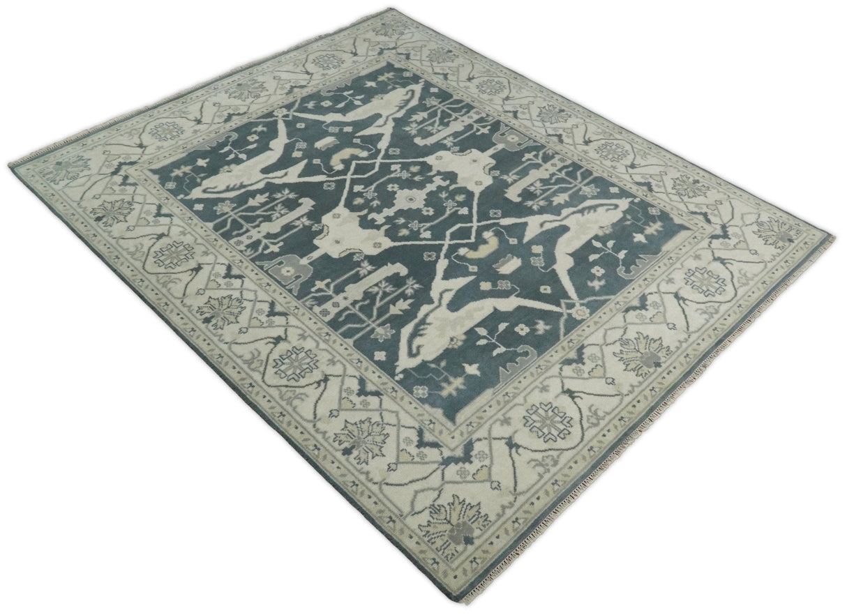 Hand Knotted 8x10 Oriental Oushak Teal and Beige Wool Area Rug