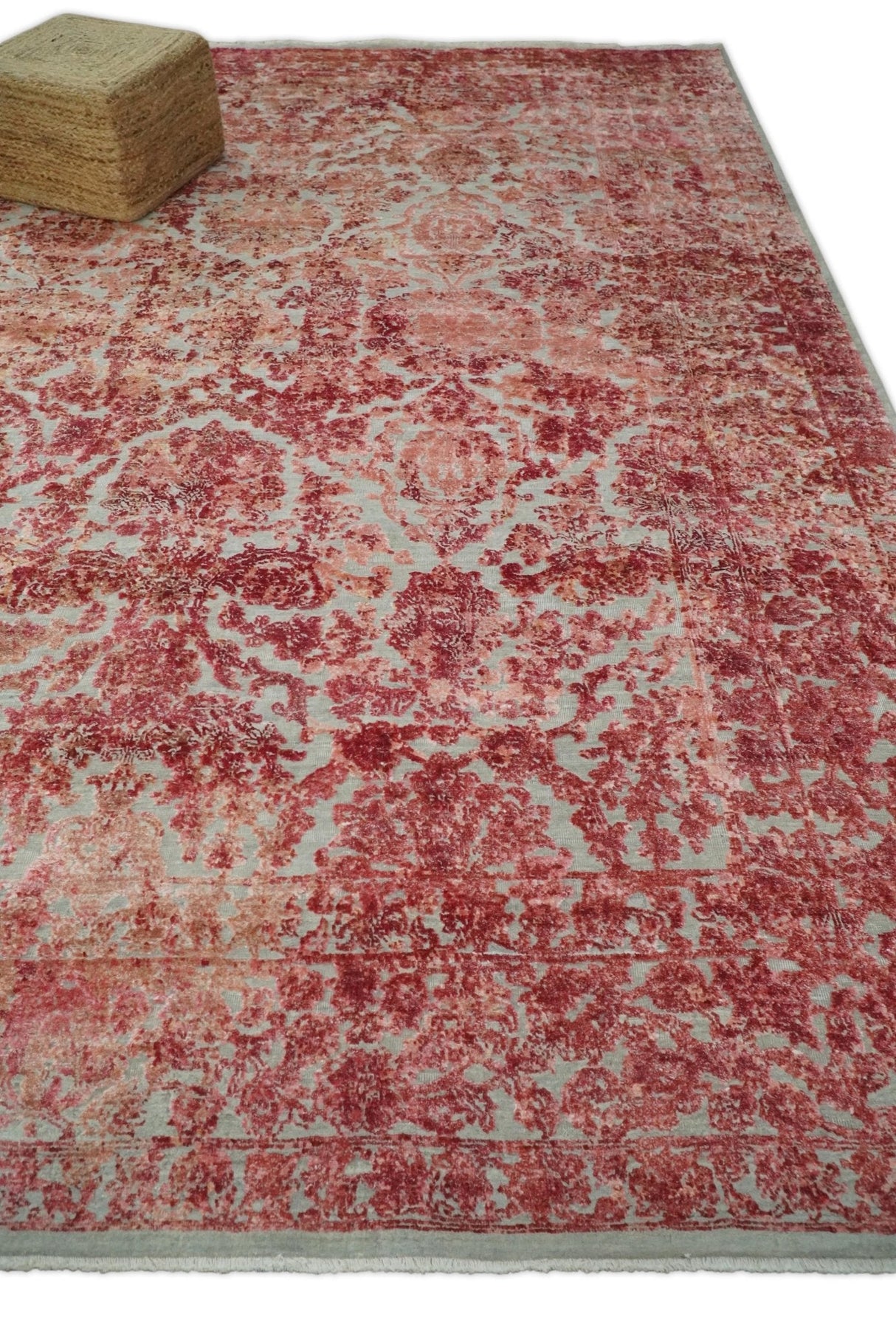 Hand Knotted 9x12 Pink and Silver Modern Abstract Bamboo Silk and Wool Area Rug