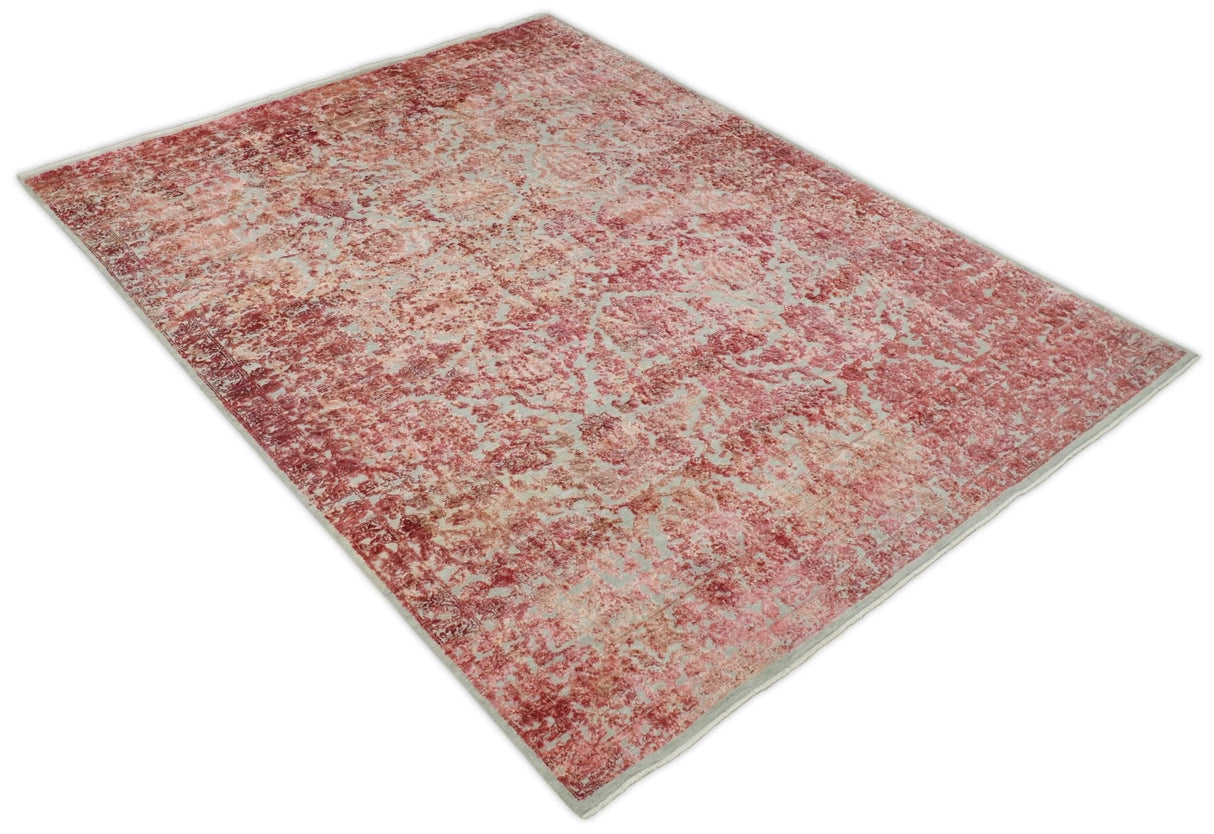 Hand Knotted 9x12 Pink and Silver Modern Abstract Bamboo Silk and Wool Area Rug