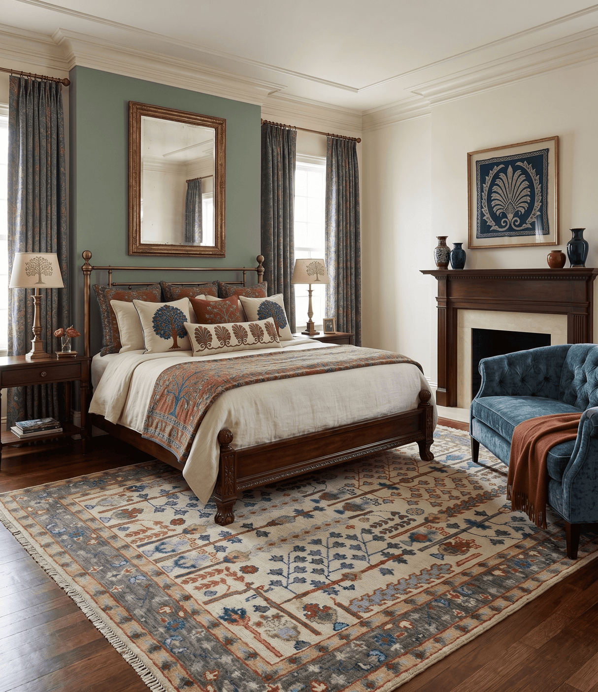 Hand Knotted Antique Ivory, Blue and Gray Traditional Style Oushak Wool Rug