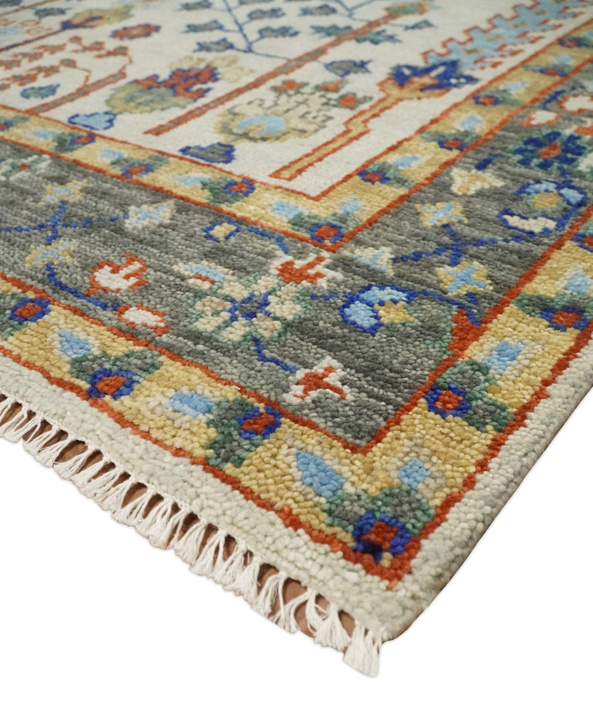 Hand Knotted Antique Ivory, Blue and Gray Traditional Style Oushak Wool Rug