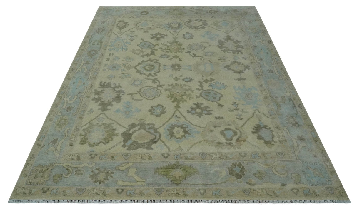 Hand Knotted Antique Style Beige and Silver Traditional Multi Size Oushak Wool Rug