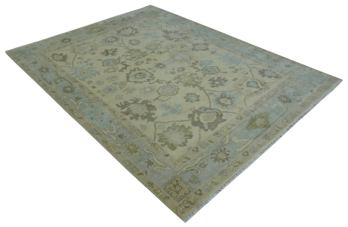Hand Knotted Antique Style Beige and Silver Traditional Multi Size Oushak Wool Rug