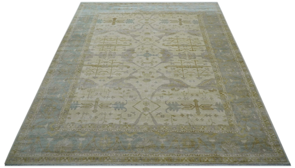 Hand Knotted Beige And Blue Traditional Oushak Design 12x15 Wool Rug