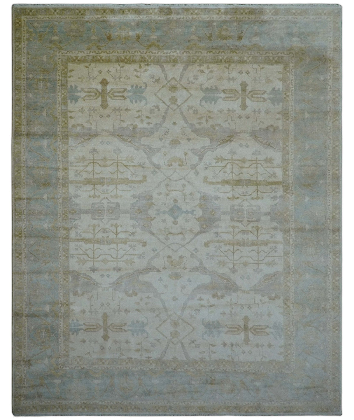 Hand Knotted Beige And Blue Traditional Oushak Design 12x15 Wool Rug
