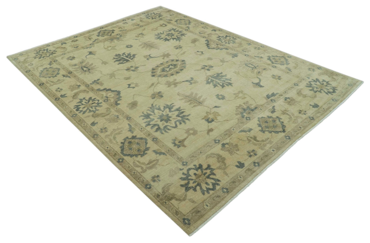 Hand Knotted Beige And Blue Traditional Oushak Design 9x11 Wool Area Rug