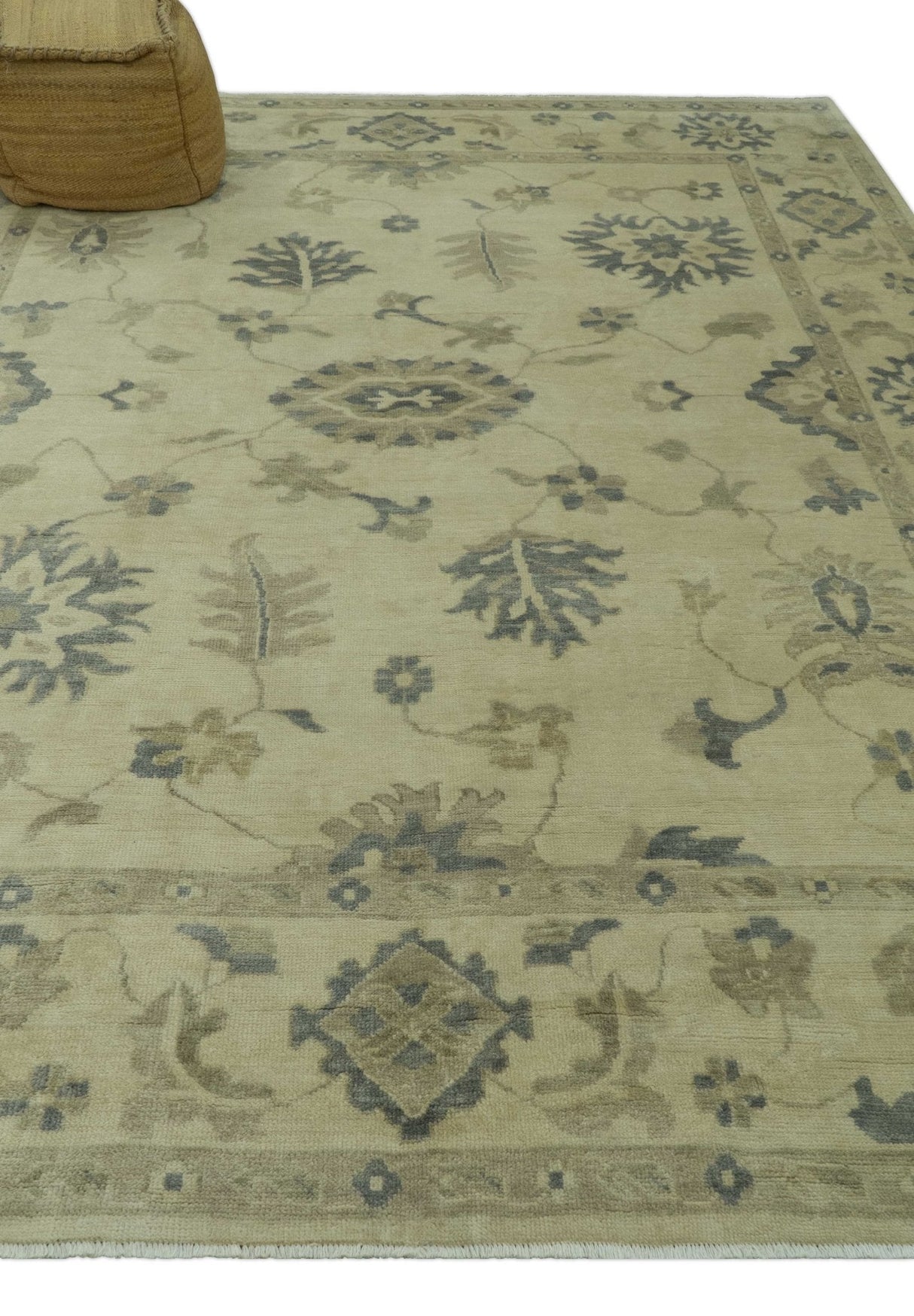Hand Knotted Beige And Blue Traditional Oushak Design 9x11 Wool Area Rug