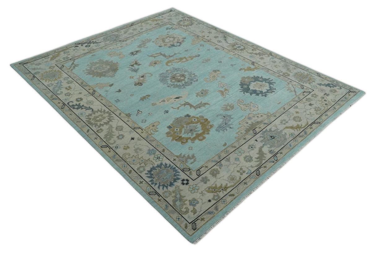 Hand Knotted Beige and Blue Traditional Oushak Design Wool Rug
