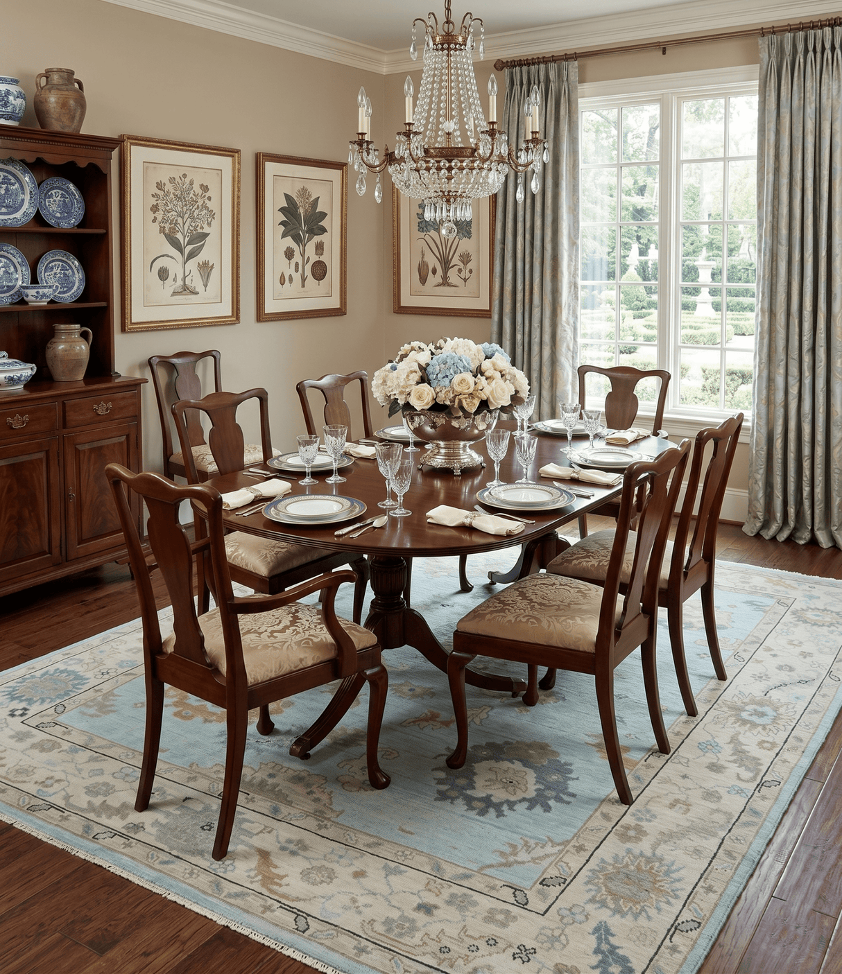 Hand Knotted Beige and Blue Traditional Oushak Design Wool Rug