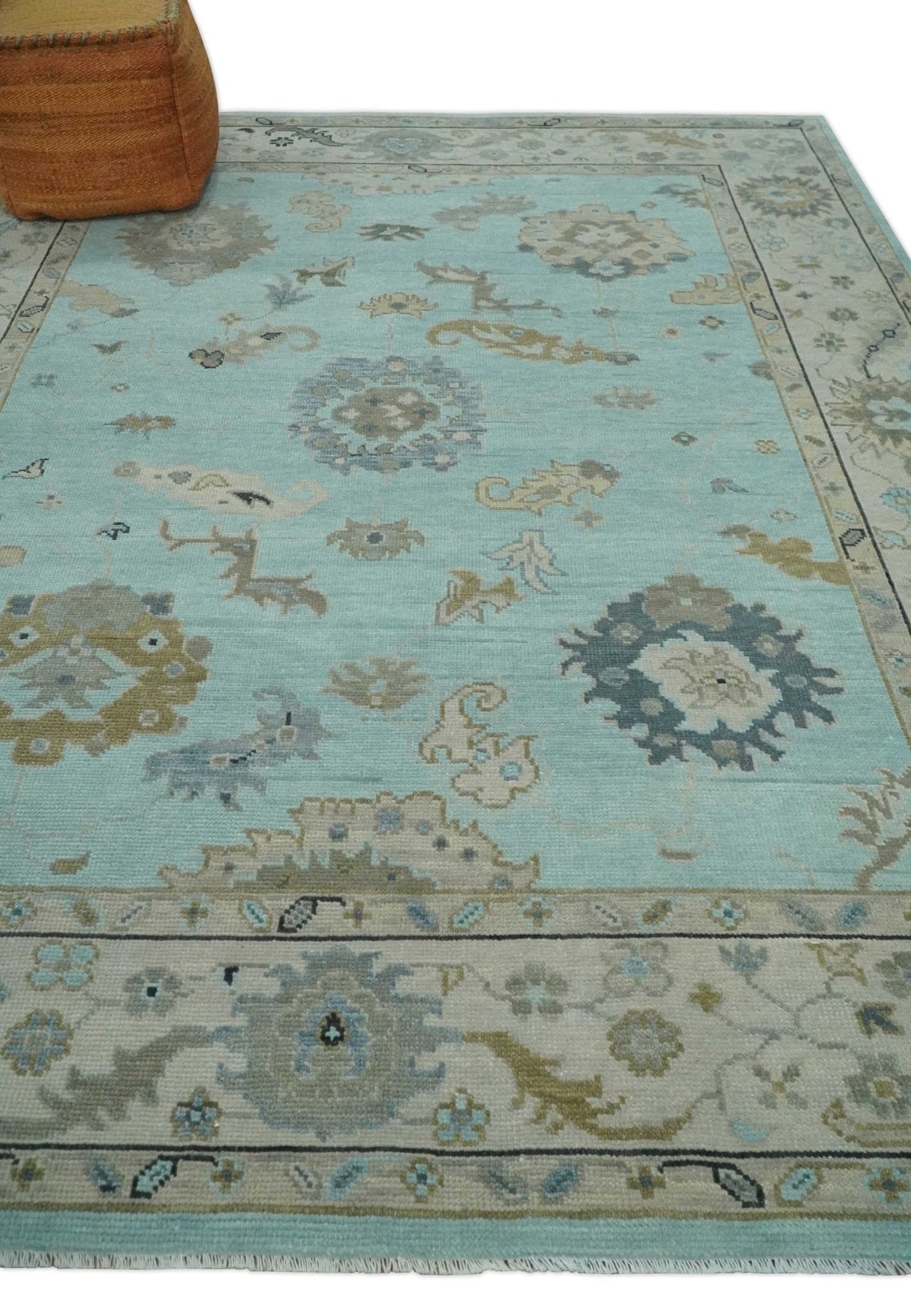 Hand Knotted Beige and Blue Traditional Oushak Design Wool Rug