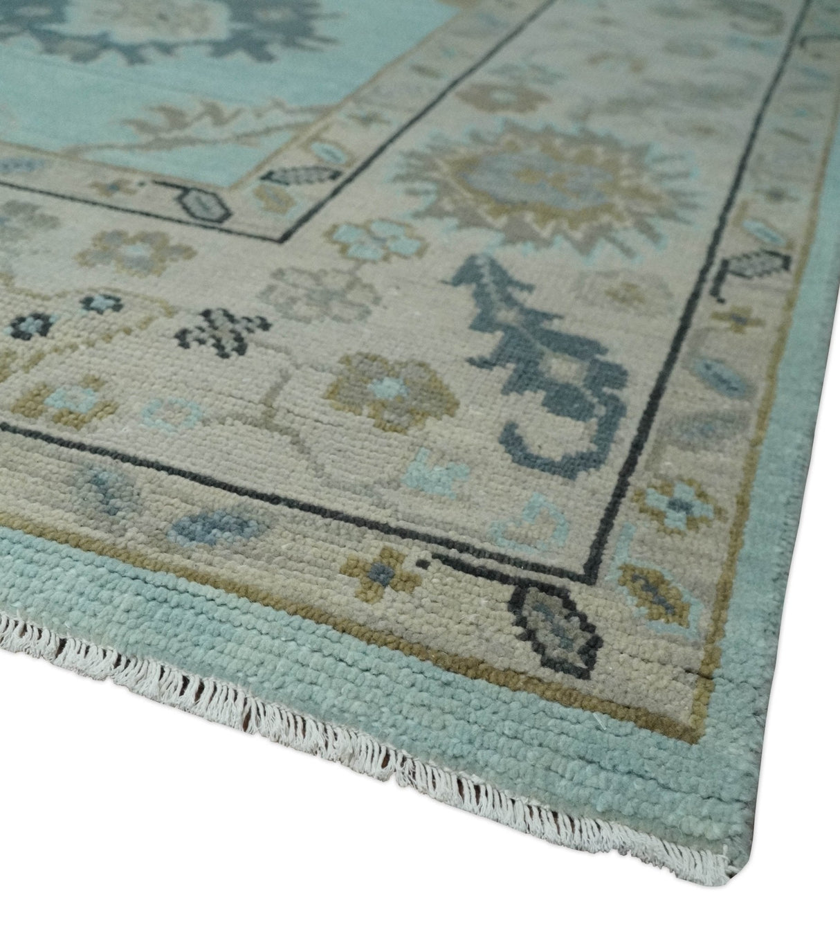 Hand Knotted Beige and Blue Traditional Oushak Design Wool Rug