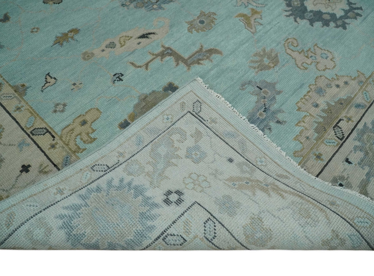 Hand Knotted Beige and Blue Traditional Oushak Design Wool Rug